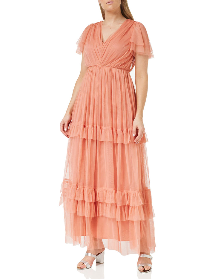 Ladies Maxi Dress for Women Short Sleeve Evening Ball Gown Tiered V Neck Bow Tie Bridesmaid Wedding