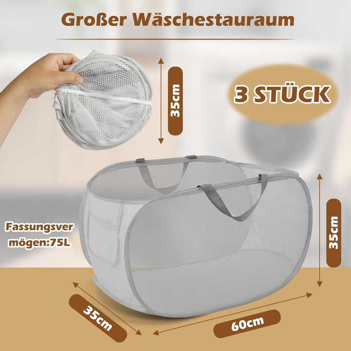 3er-Set faltbare Wäschekörbe mit Tragegriffen & Pop-up-Funktion, luftdurchlässiges Netzgewebe, Mehrz