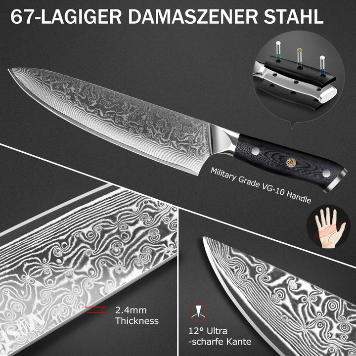 MOSFiATA Damastmesser Set 3PCS, Küchenmesserset aus VG10 Stahl - Inklusive 8" Kochmesser, 7" Santoku