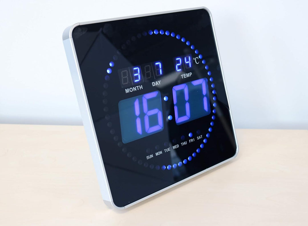 Unilux FLO LED Wanduhr, mit Datum und Temperatur, 28 x 28 cm