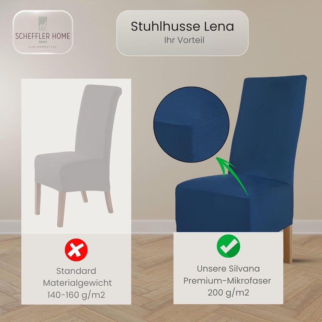 SCHEFFLER-Home Stuhlhussen 4er Set Lena Blau/elastische und langlebige Hussen für Stühle/Robustes Fr