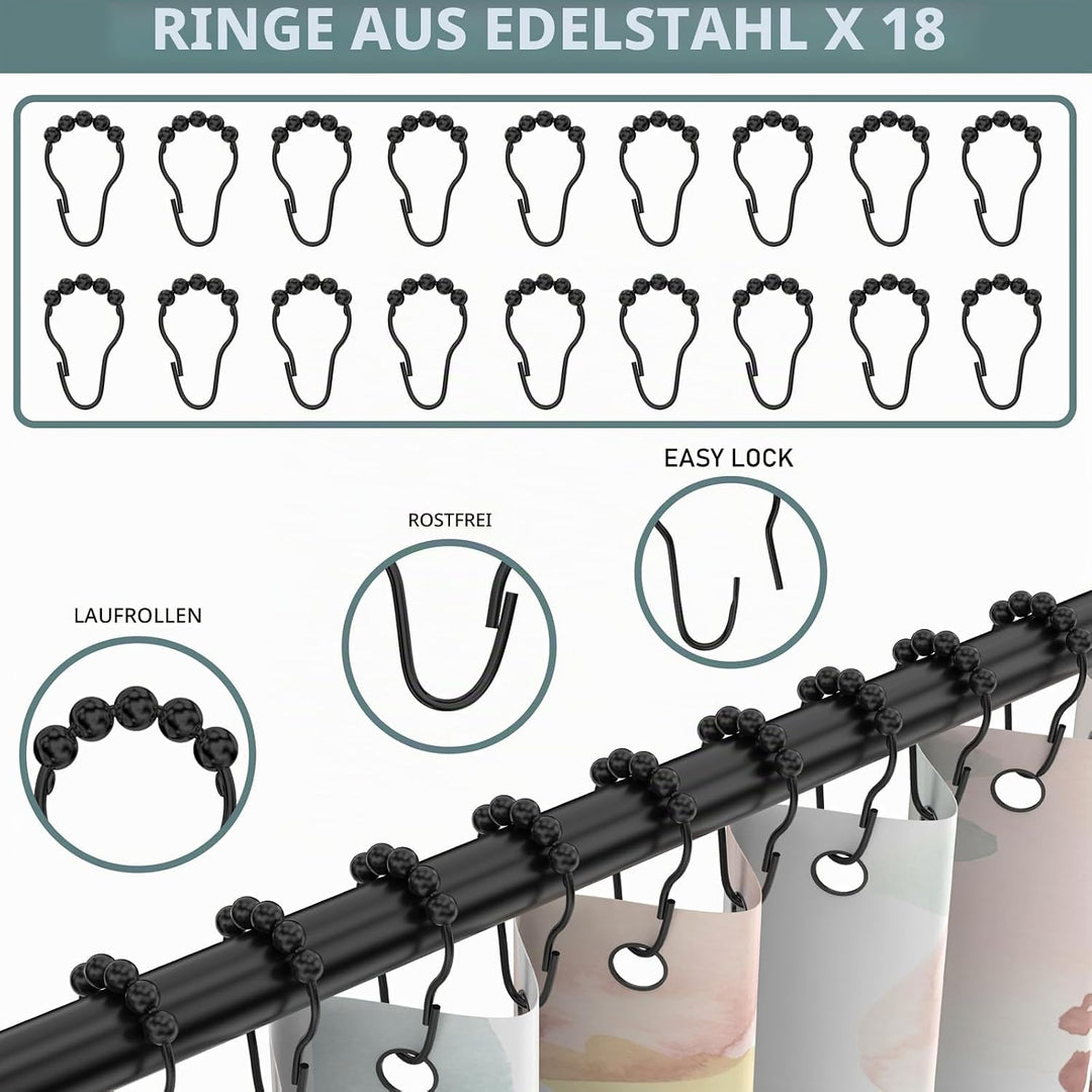 Duschvorhangstange Gebogene inkl. 24 Ringe - Stabile Winkelstange Duschvorhang ohne Deckenhalterung