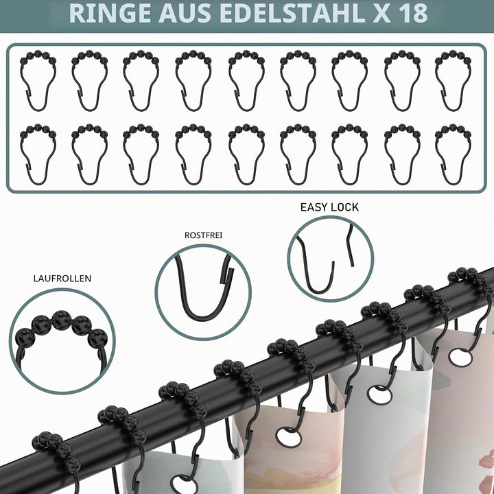 Duschvorhangstange Gebogene inkl. 24 Ringe - Stabile Winkelstange Duschvorhang ohne Deckenhalterung