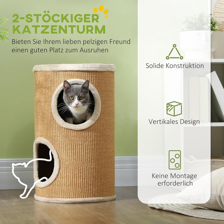 PawHut Kratztonne 60 cm Hoch Ø 35 cm zweistöckige Katzentonne mit Plüschrand, Katzenhöhle, Kratzbaum