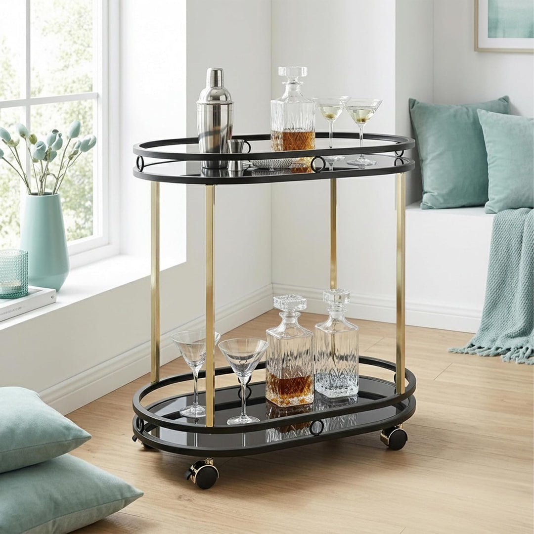 Relaxdays Servierwagen, 2 Etagen, Glas &amp; Metall, schwarz/Gold | H x B x T: 77,5 x 72 x 42 cm, Küchen