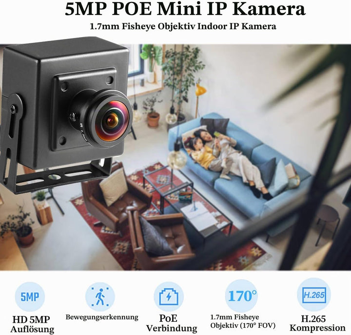 5MP POE IP Minikamera, Ultra HD 2880 x 1620p, 1,7 mm Fisheye Objektiv (170 ° FOV), kleine Kamera H.2