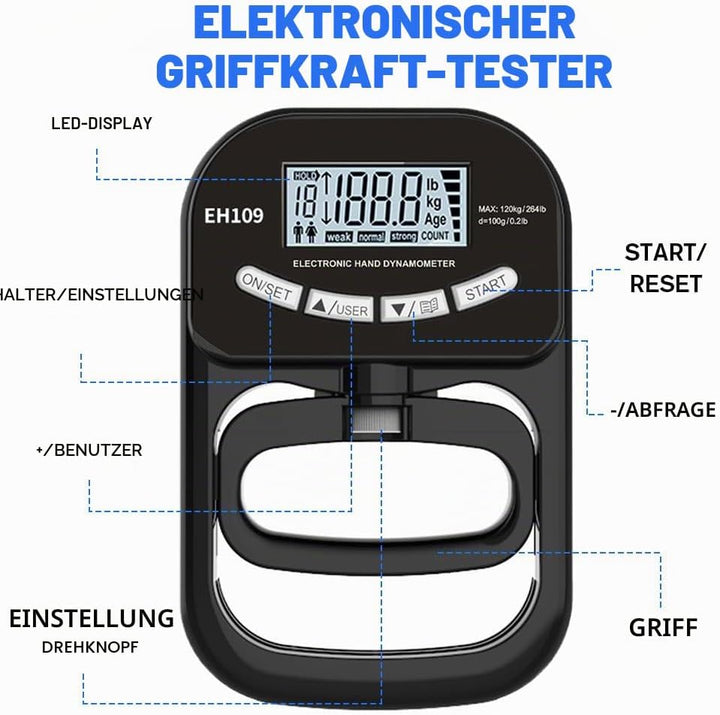 Digitaler Handkraftmessgerät, Elektronischer Hand Dynamometer 180 kg/396 lb mit USB-Ladekabel & LCD-
