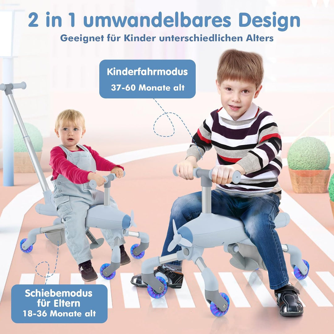 DREAMADE 2-in-1 Rutschauto, Flugzeug-Form Rutscherfahrzeug mit LED-Leuchten Rädern, Verstellbarer Sc