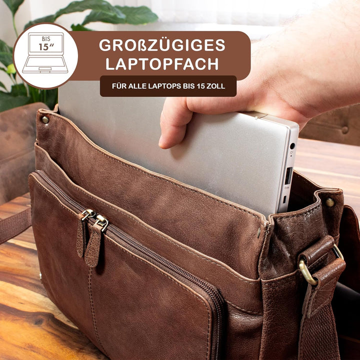 STILORD 'Tom' Vintage Leder Umhängetasche für Studium Uni Büro Arbeit 15 Zoll Laptoptasche DIN A4 Sc