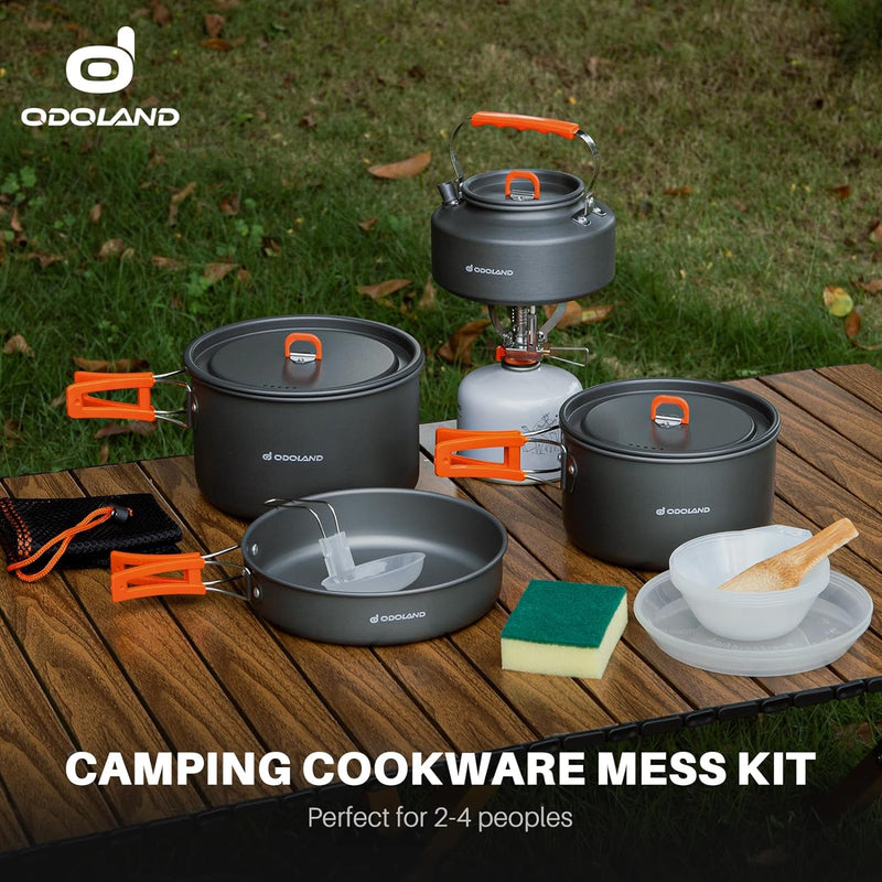 Odoland Camping Geschirr Set 15 Teilig, Outdoor Kochgeschirr Set mit 2 Topfe, Bratpfanne und Wasserk