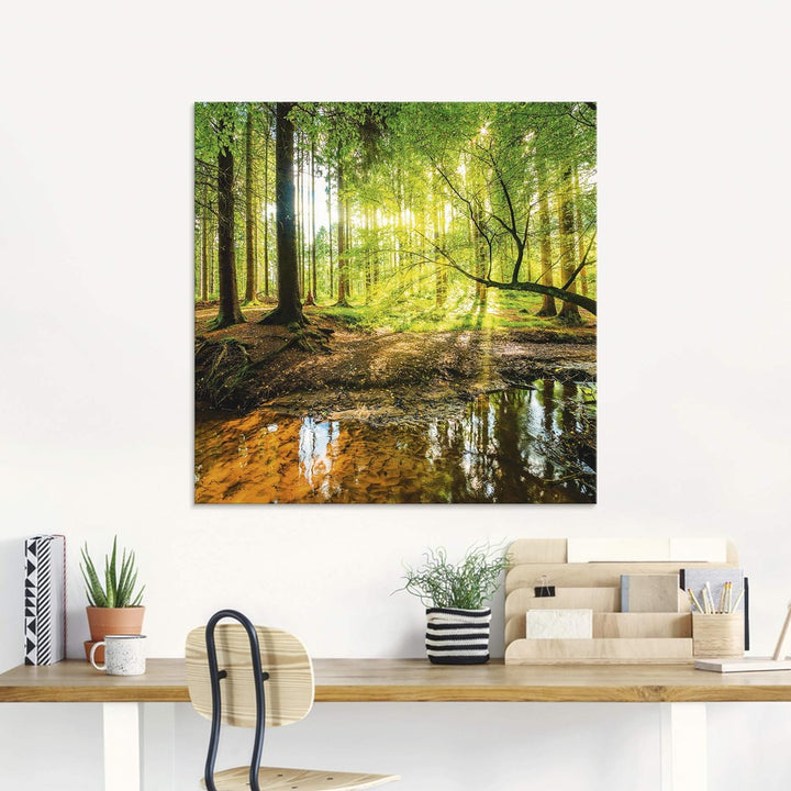Glasbilder Wandbild Glas Bild einteilig 40x40 cm Quadratisch Wald Natur Landschaft Bäume Bach Sonne