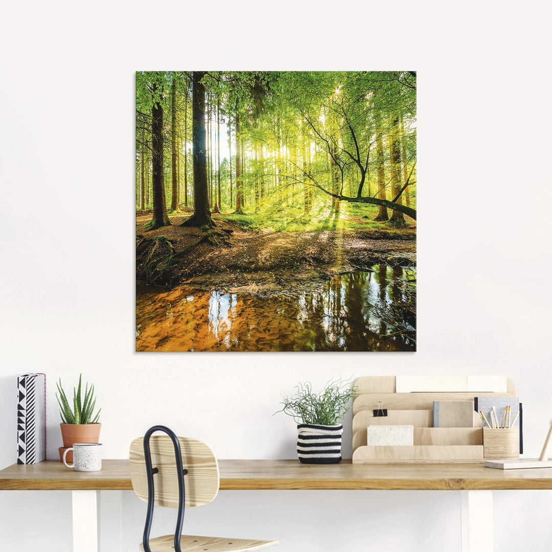 Glasbilder Wandbild Glas Bild einteilig 60x45 cm Querformat Wald Natur Landschaft Bäume Bach Sonne F