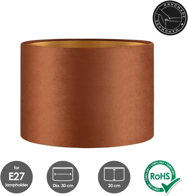 Home Sweet Home Samtlampenschirm VELVET, braun + gold | 30 cm grosse trommelförmige E27-Lampenschirm