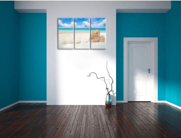 Pixxprint Sandstrand mit Muscheln als Leinwandbild/Grösse: 3 Teilig (120x80) cm/Wandbild/Kunstdruck/