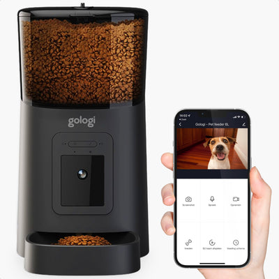 Gologi Futter-Automat Katze mit Kamera Full HD, Mikro und Lautsprecher, Katzenfutter-Automat Trocken