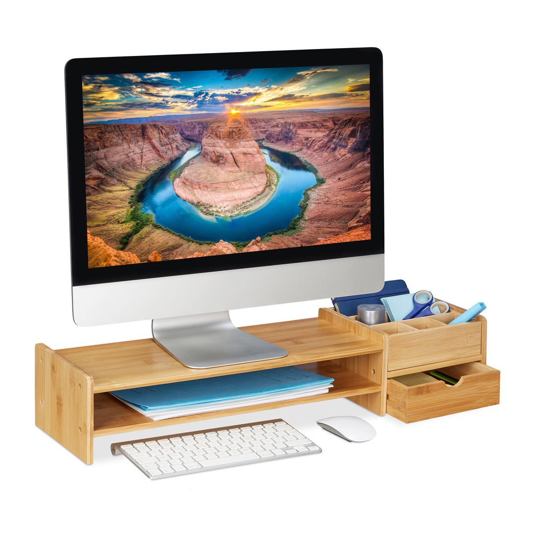 Relaxdays Monitorständer Bambus, Bildschirmerhöhung für Schreibtisch, HBT: 13 x 70 x 19 cm, Schublad