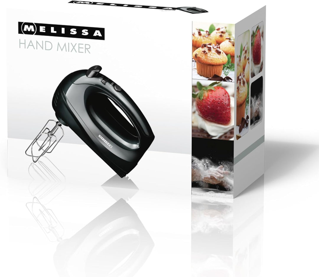 Melissa 16200085 Handmixer, 300 Watt, Schneebesen und Knethaken verchromt,schwarz