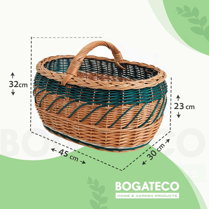 BOGATECO natürlicher Weidenkorb mit Griff| Grosser Einkaufskorb 45X30X23| Handgewebt, in vier Farben