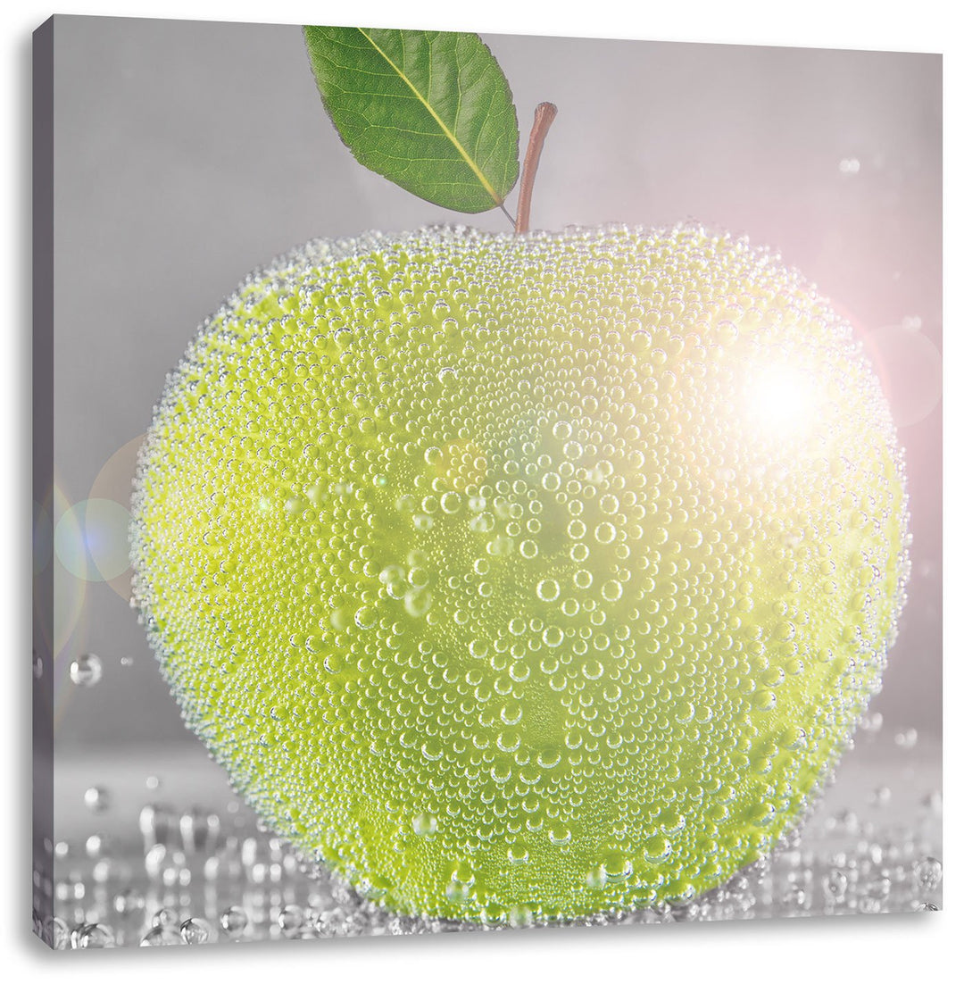 Pixxprint Grüner saftiger Apfel mit Wasserperlen schwarz/weiss, Format: 70x70 auf Leinwand, riesige