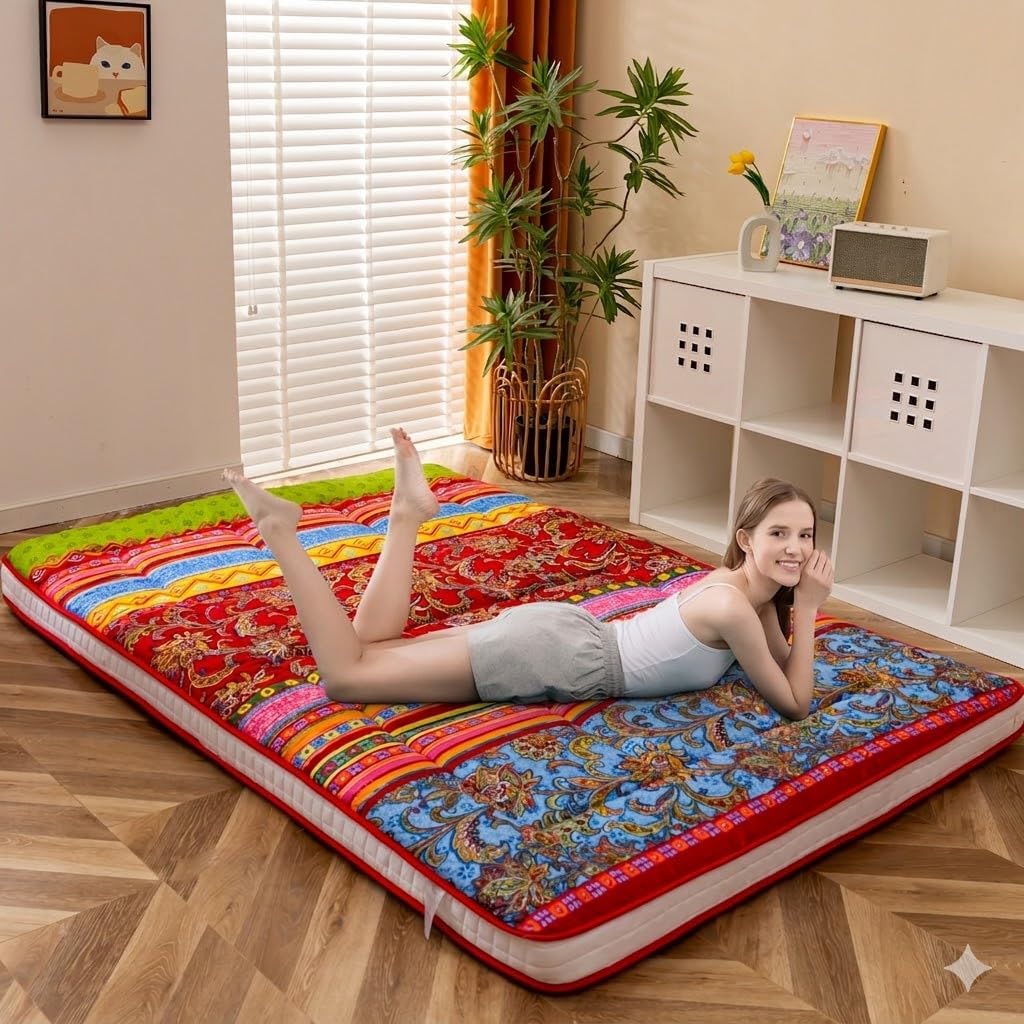 MAXYOYO Böhmische Retro-Bodenmatratze, Vintage-Blumenmuster, japanische Futon-Matratze, aufrollbar,