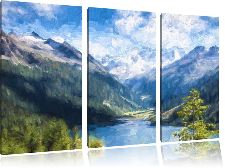 Pixxprint See zwischen Bergen Pinsel Effekt 3-Teiler Leinwandbild 120x80 Bild auf Leinwand