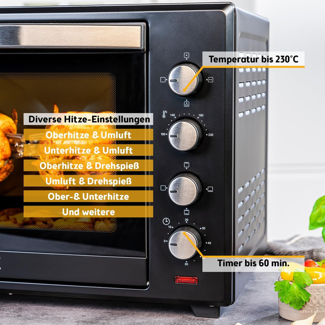 TZS First Austria Minibackofen, 2000 Watt, 60L, mit Innenbeleuchtung, Umluft-Funktion, Drehspiess fü