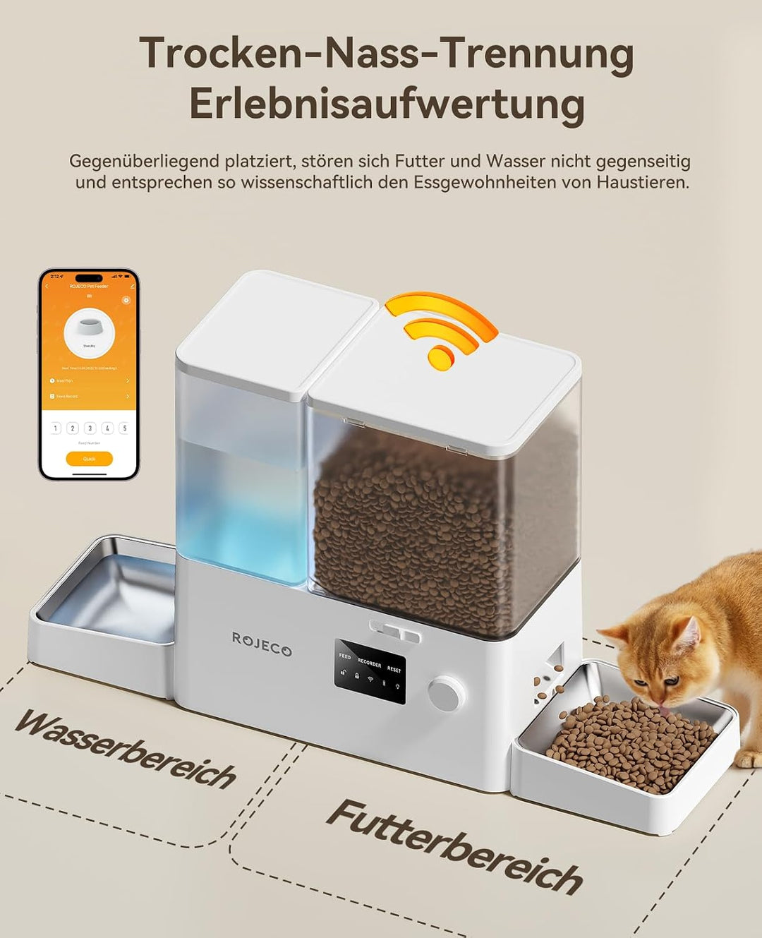 ROJECO Futterautomat Katze und Trinkbrunnen 2-in-1 mit APP WiFi Timer 8,5L katzenfutter automat(5L+3