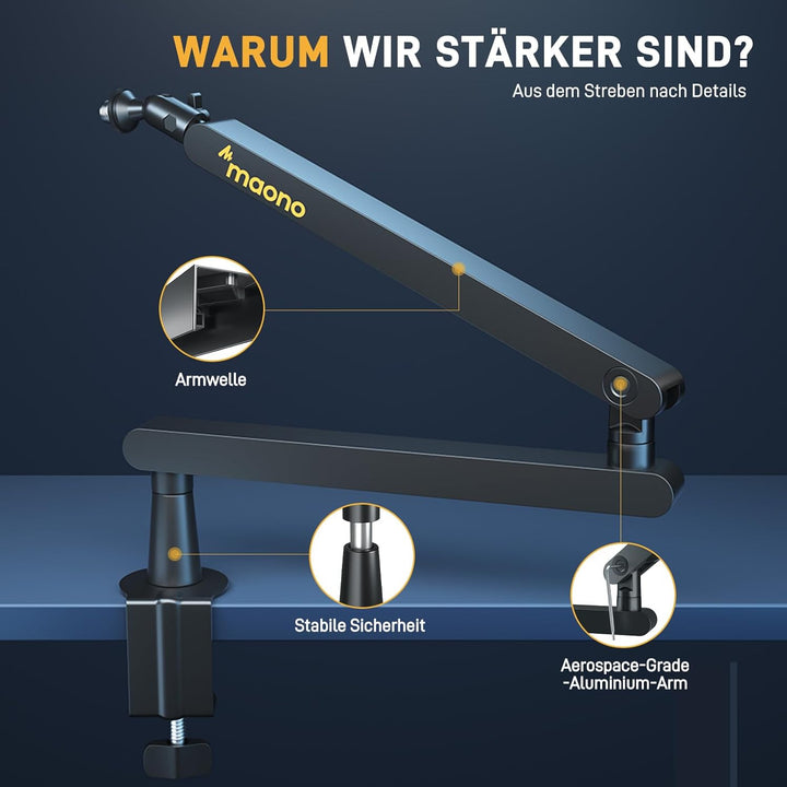 MAONO Mikrofon Arm – Low Profile Mic Arm mit Kabelkanälen für aufgeräumten Arbeitsplatz. Mit Tischkl