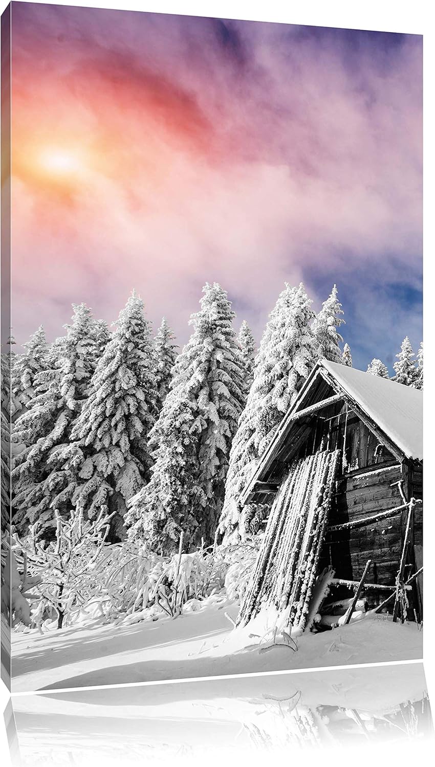 Pixxprint Einsame gemütliche Holzhütte im Schnee, Format: 80x120 auf hochkantiges Leinwand, XXL ries