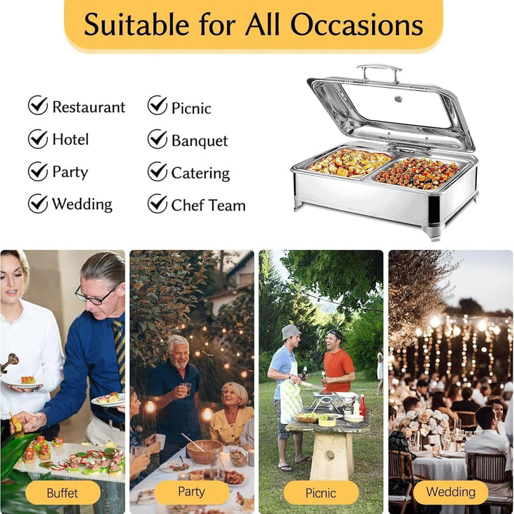 Chafing Dish Elektrisch, 9L Edelstahl Speisewärmer Buffetwärmer mit Sichtbarem Glasdeckel, Einstellb