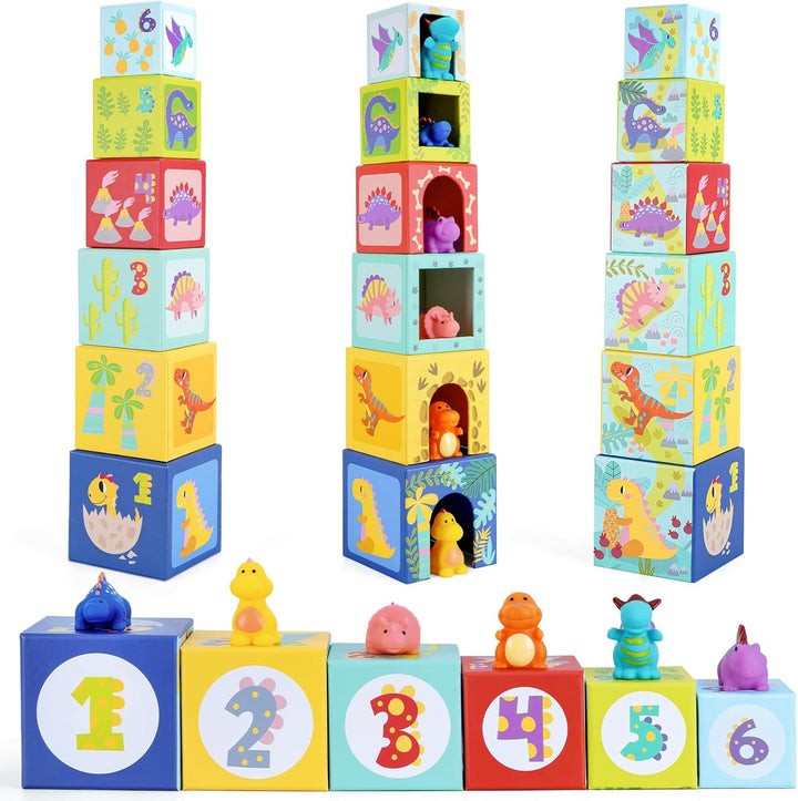 Baby Stapelwürfel und Stapelturm, Kinder Dinosaurier Montessori Spielzeug ab 1 2 3 Jahr, Geschenk ,
