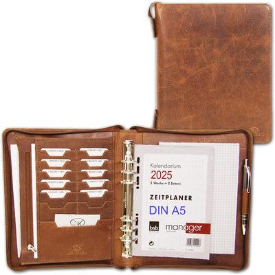 ALMADIH Leder A5 Organizer Ringmechanik Reissverschluss Kalender 2024 Schreibblock Premium Rindslede