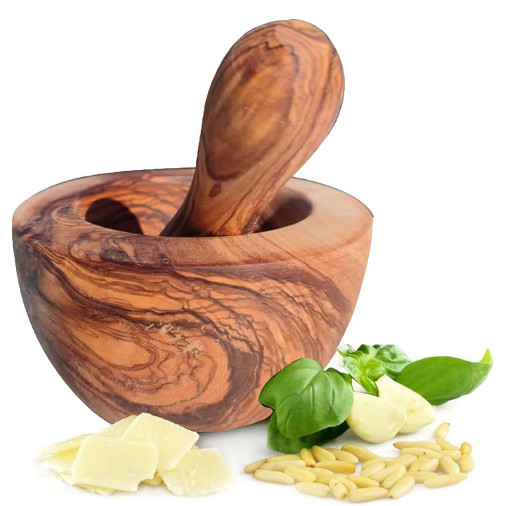 Mörser mit Stössel aus Olivenholz, Kräutermörser, handgefertigt mit Naturrand, Küchenmörser Holzmörs