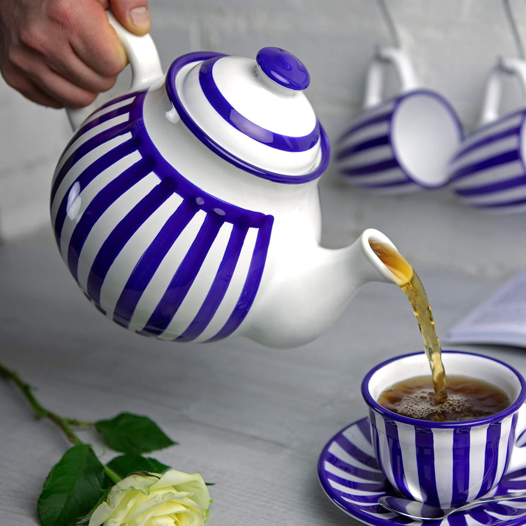 City to Cottage® - Teekanne für 4-6 Tassen | Blau-Weiss gestreift | Handgemacht | Teekanne Keramik G