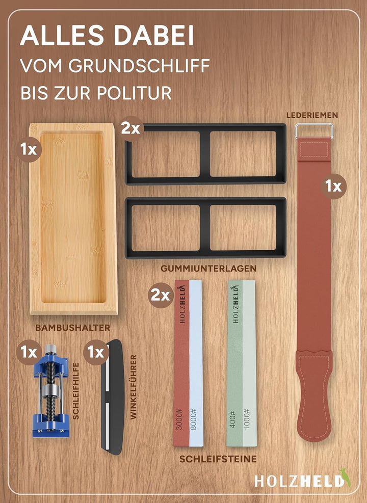 Schleifstein - Schärfen von Messer, Werkzeug und Stechbeitel inkl. Schleifhilfe - Profi Messerschlei