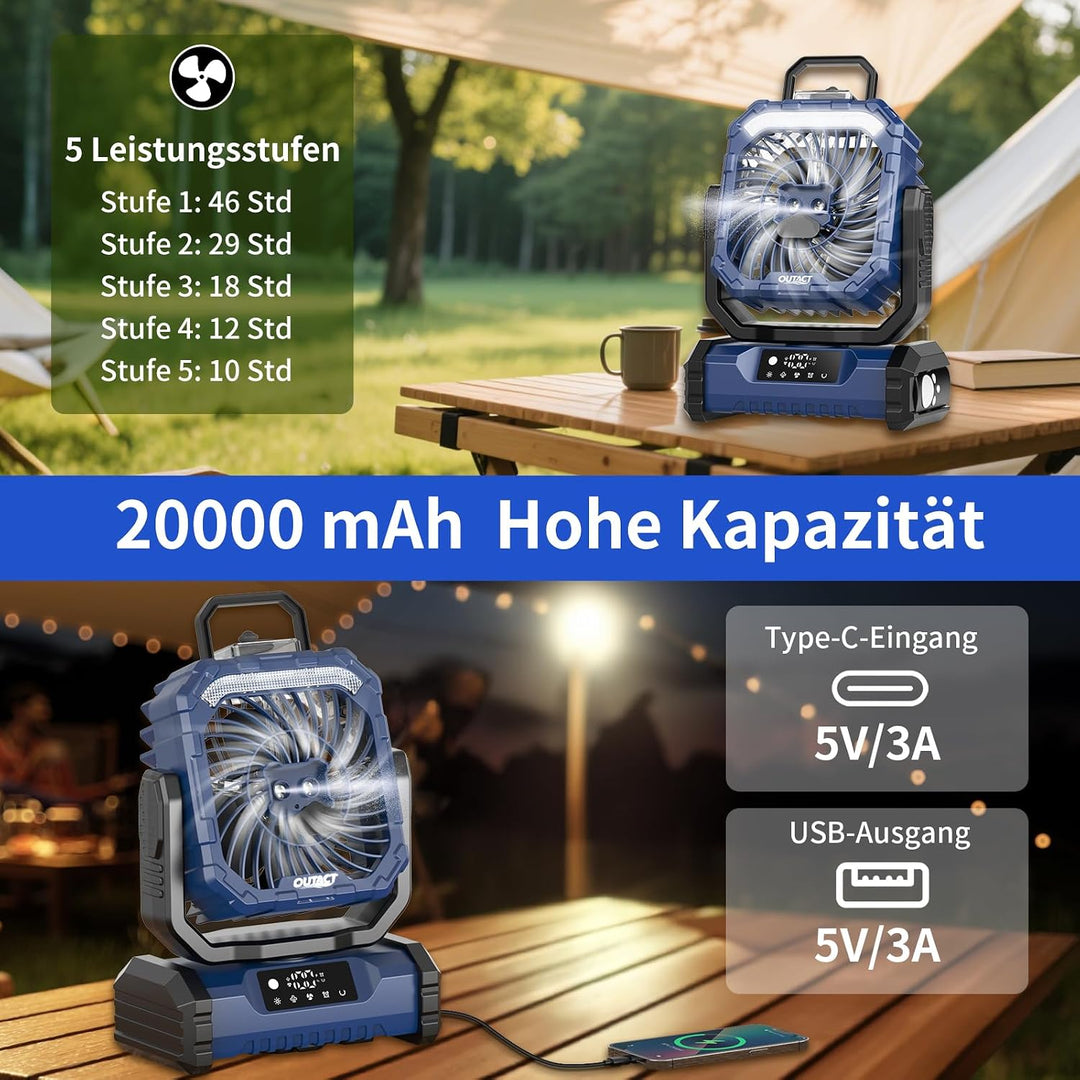 Ventilator Camping mit Sprühnebel, Akku Ventilator 20000mAh mit LED Licht, Haken, 270° Drehung, Trag