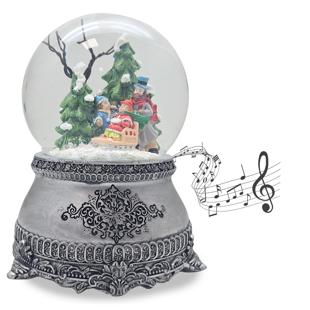 Weihnachts-Schneekugel mit Musik | Schneekugel Winterspaziergang mit Familie | Sockel Zinnoptik Orna