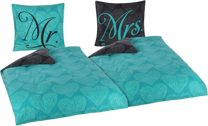 Niceprice Winter Partner Bettwäsche Microfaser Flausch Fleece Mr. und Mrs. Türkis Wendeoptik in 4 Gr