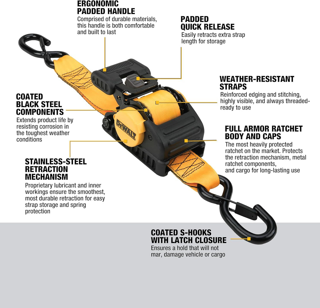 DEWALT DXBC9002 automatisch einziehbare Ratschengurte mit Ratsche, 5,1 x 3 m, 5,1 kg sichere Arbeits