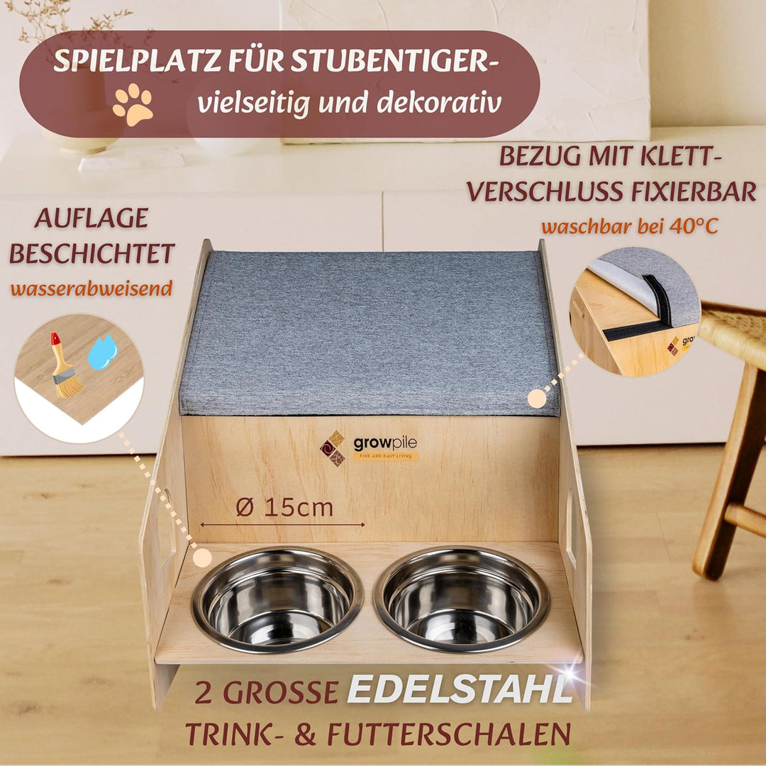 growpile Katzen- und Hundehäusschen aus hochwertigem Kiefernholz mit 2 Trinkschalen aus Edelstahl, z