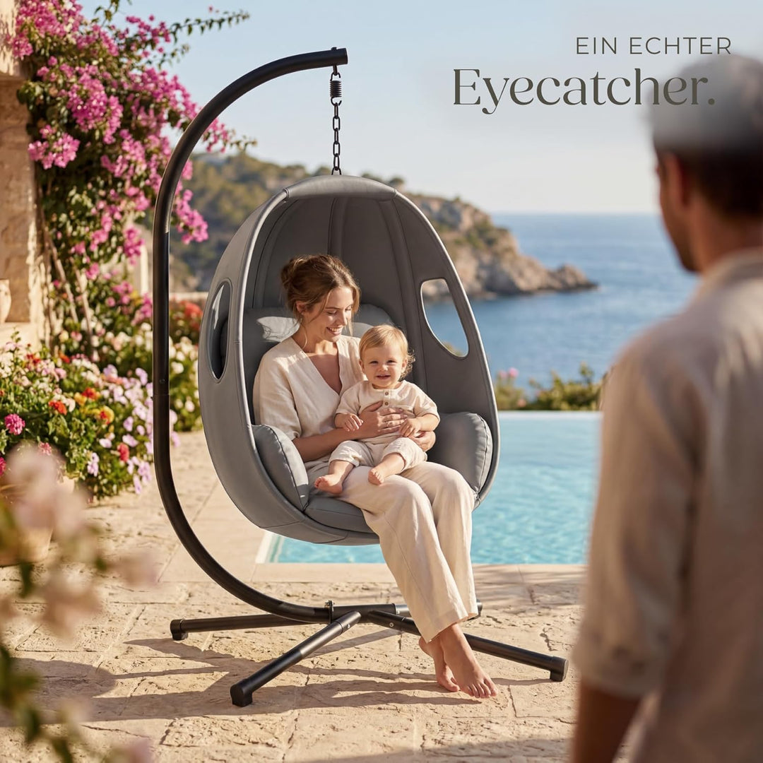 tectake® Hängesessel mit Gestell, Indoor oder Outdoor, Schaukel Sessel mit Kissen + Rückenkissen, Sc