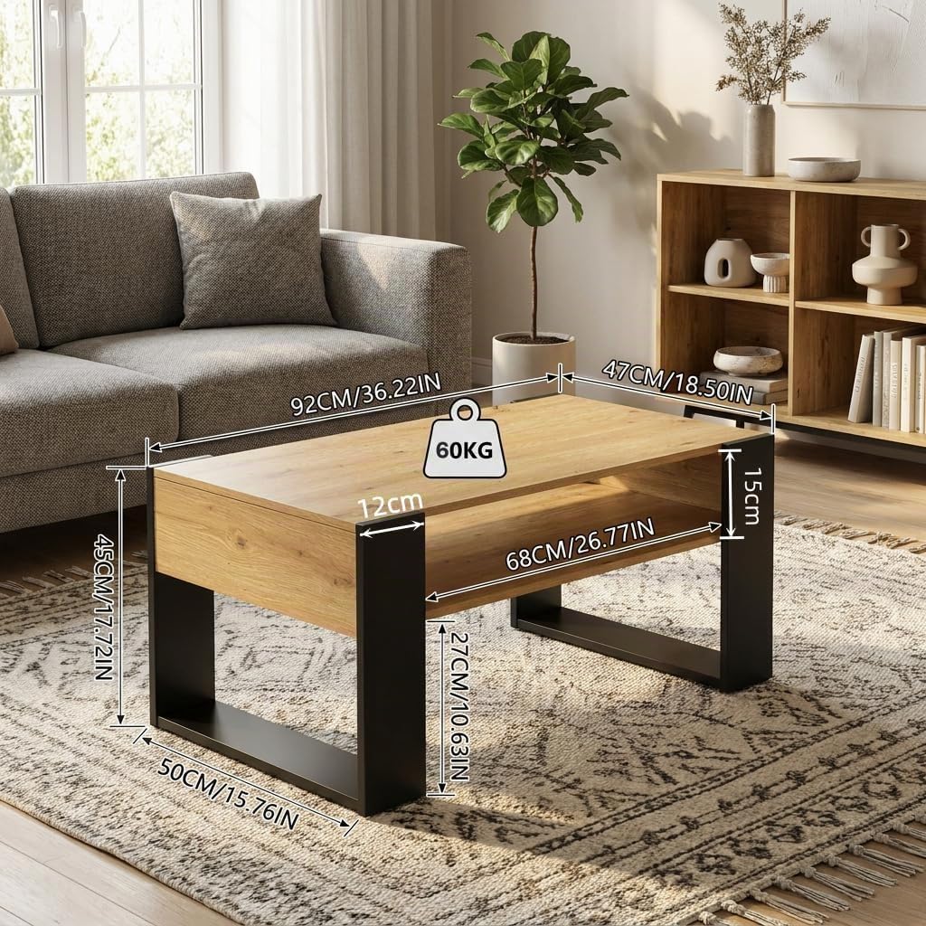 Couchtisch mit LED-Beleuchtung und Stauraum, Wohnzimmertisch Holz, Moderner Sofatisch mit U-förmigen