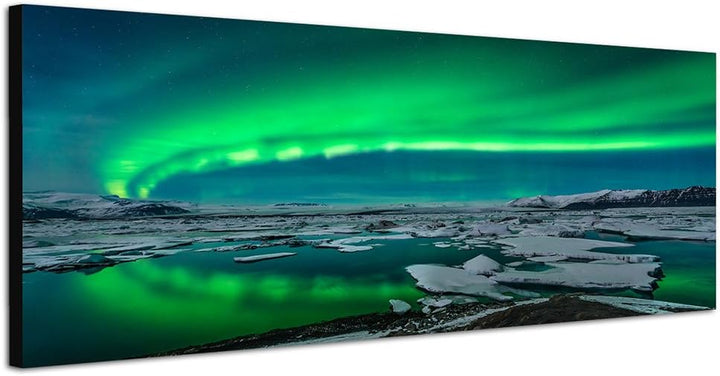 Paul Sinus Art Panoramabild auf Leinwand und Keilrahmen 150x50cm Island EIS Nordlichter Nacht