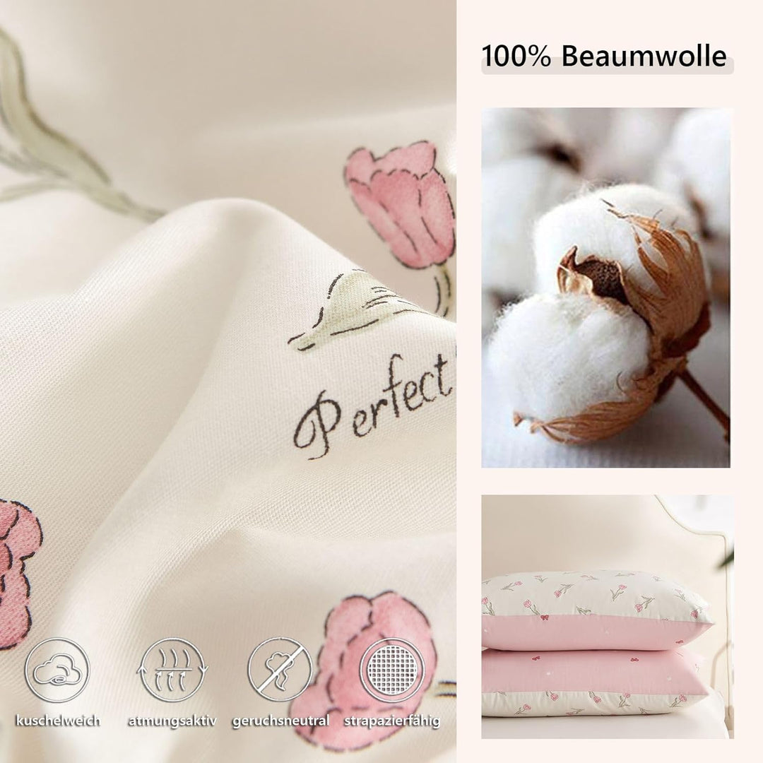 Freyamy Blumen Bettwäsche 155x220cm 2teilig Baumwolle Weiss Rosa Grün Floral Blätter Pflanzen Bettwä