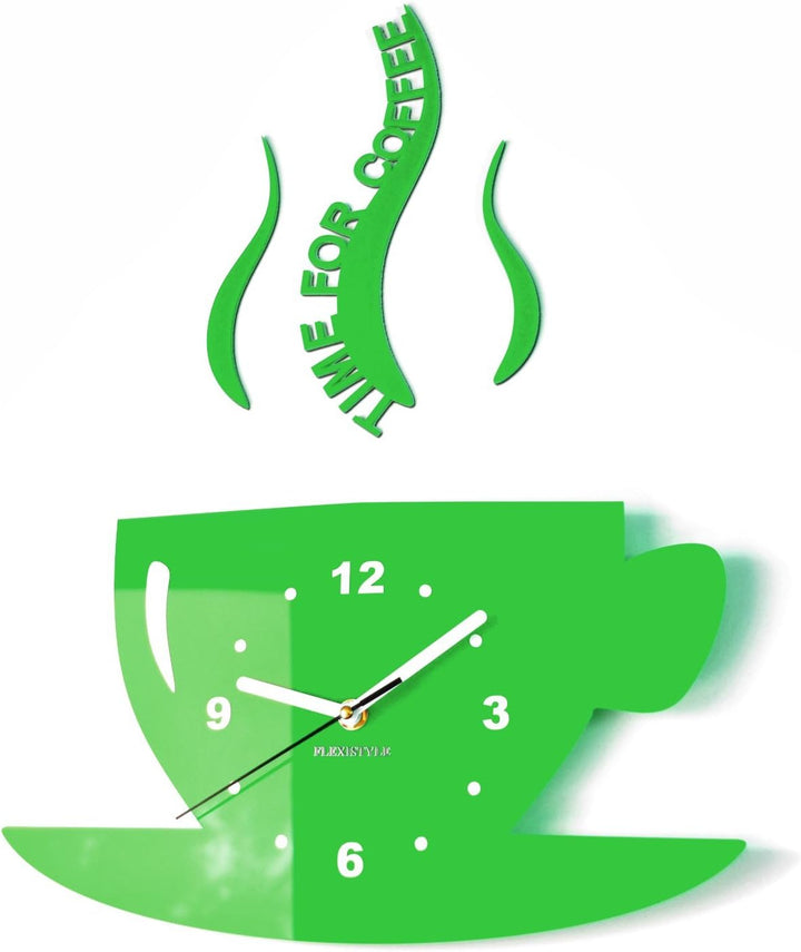 FLEXISTYLE Tasse Time for Coffee (Zeit für Kaffee) Moderne Küche Wanduhr grün, 3D römisch, wanduhr d