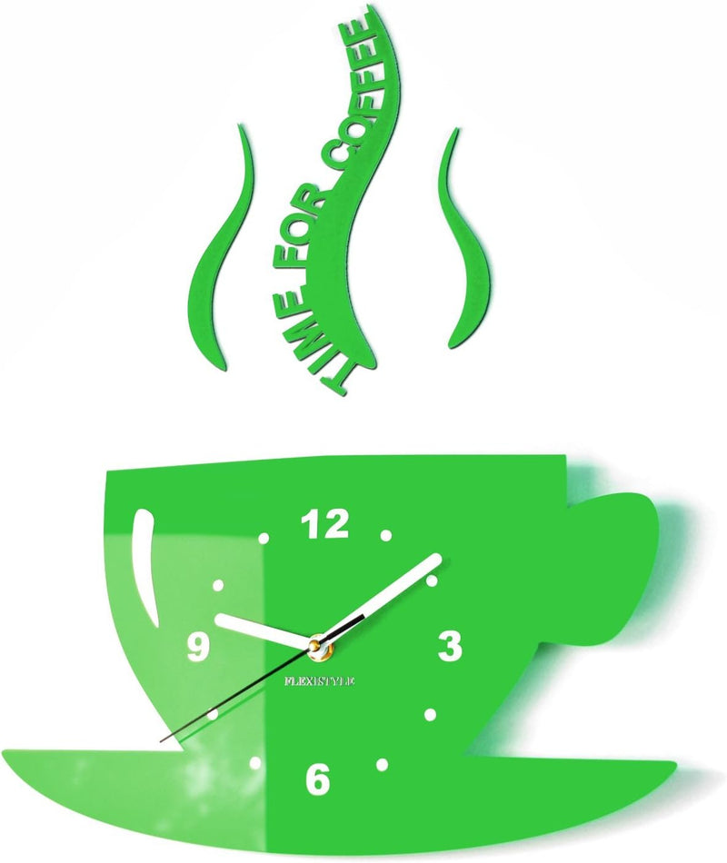 FLEXISTYLE Tasse Time for Coffee (Zeit für Kaffee) Moderne Küche Wanduhr grün, 3D römisch, wanduhr d
