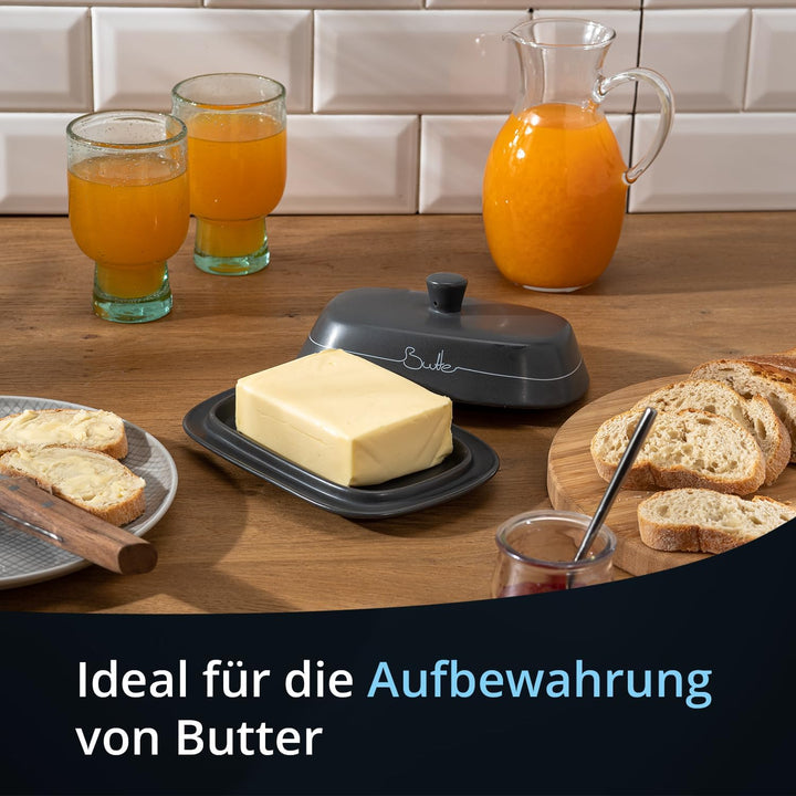 KHG Brotkasten Butterdose Set 2-teilig, Keramik Steingut poliert, Anthrazit Grau, Holz Deckel Bambus