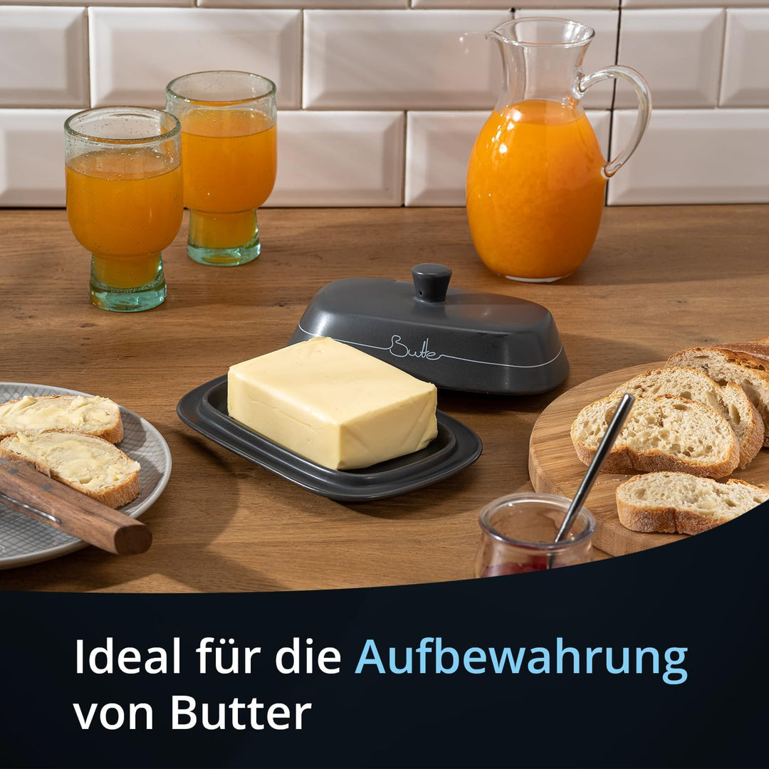 KHG Brotkasten Butterdose Set 2-teilig, Keramik Steingut poliert, Anthrazit Grau, Holz Deckel Bambus