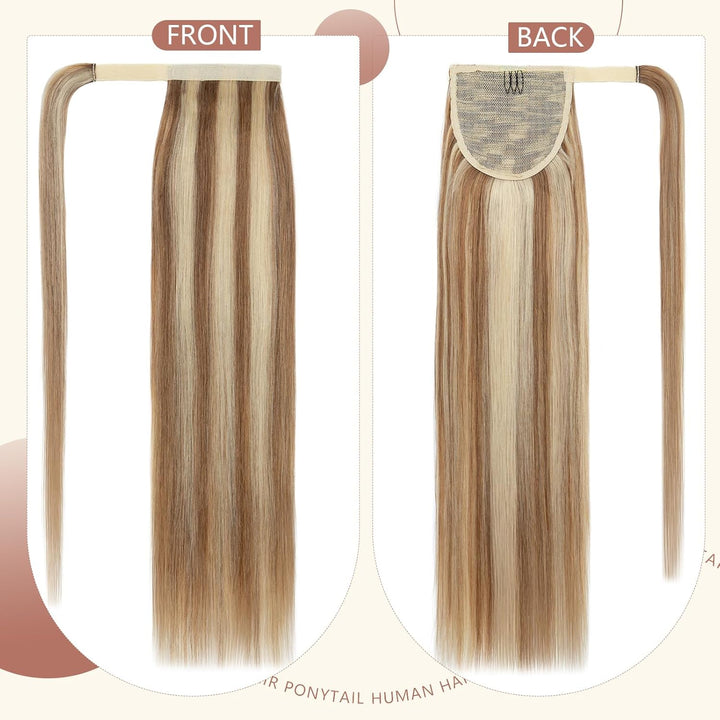 Elailite Ponytail Extension Echthaar #12P613 Goldbraun mix Bleichblond, Haarverlängerung Zopf Haarzo