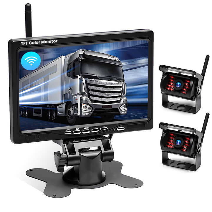 Kabelloses Rückfahrkameraset mit 7-Zoll-Bildschirm und 2 Wireless Rückfahrkameras, Nachtsicht, BSD,